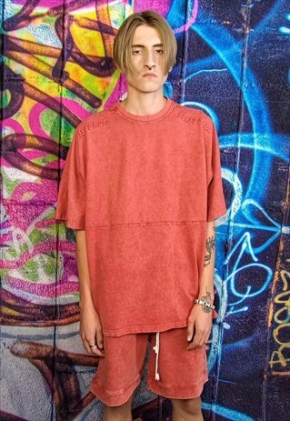 WASHED OUT SPORTS SET BLEACHED SHORTS Y2K SLOGAN TEE RED