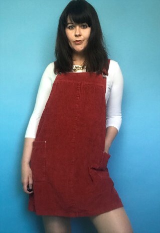 VINTAGE 90S RED CORD CORDUROY PINAFORE DUNGAREES DRESS