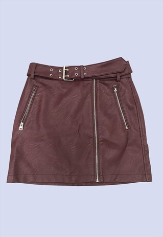 PLUM PURPLE FAUX LEATHER ZIP MINI A-LINE BELTED SKIRT