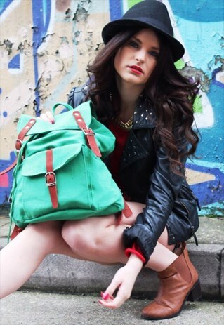 JUTE AND LEATHER STRAPS RUCKSACK BACKPACK IN RETRO GREEN