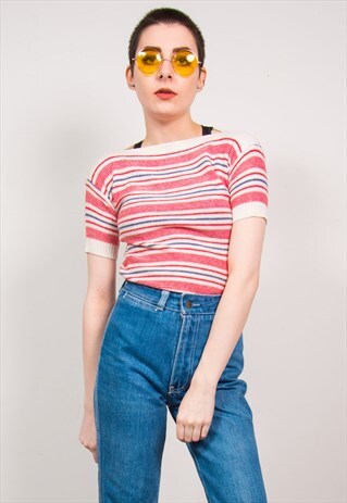 VINTAGE 70'S RED STRIPED KNIT SHORT SLEEVE TOP