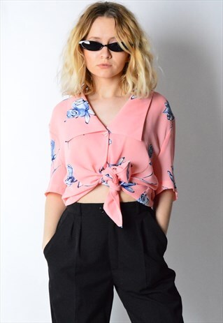 VINTAGE 80S SOFT PINK FLOWER SEE THROUGH BLOUSE