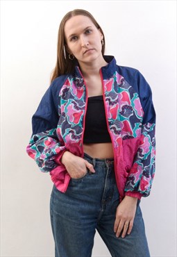 Vintage Women's L Jumper Jacket Pink Blue Sports Bomber Zip