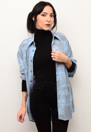 VINTAGE 90S PASTEL BLUE ABSTRACT RETRO CRAZY PATTERNED SHIRT