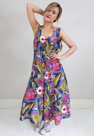 VINTAGE 70'S PINK AND BLUE FLORAL WIDE LEG JUMPSUIT