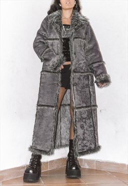Vintage Faux Fur Patchwork Grey Long Afghan Coat