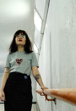 'Love Me' Embroidered Heart Graphic T-shirt in GREY