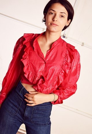 80'S RETRO RUFFLE WET-LOOK PARIS CHIC SHIRT BLOUSE TOP