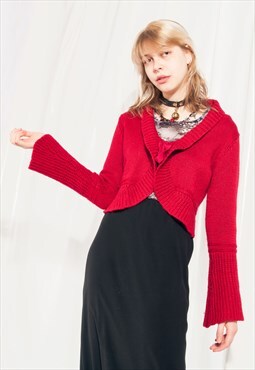 Vintage Cardigan Y2K Knitted Flare Sleeve Jumper in Red