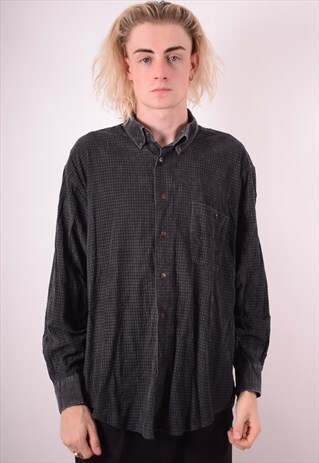 MENS VINTAGE CORDUROY SHIRT LARGE BLACK CHECK 90S