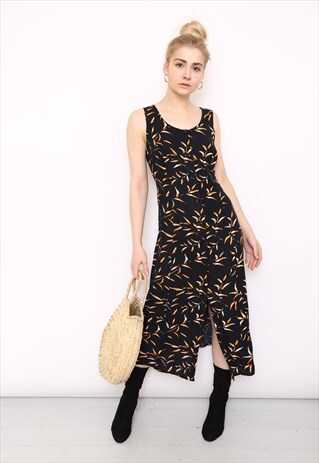 VINTAGE 90S BLACK ORANGE PRINT MIDI DRESS