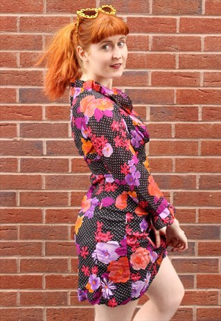 VINTAGE 80S BLACK PINK FLORAL POLKA DOT RUFFLE MINI DRESS