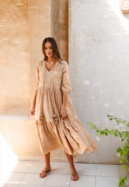 Midi Beige Cotton Summer Dress