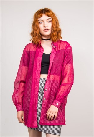 90'S VINTAGE PINK SHEER OVERSIZE SHIRT BLOUSE