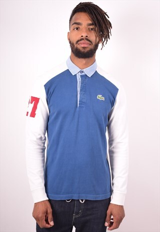 LACOSTE MENS VINTAGE POLO SHIRT LONG SLEEVE MEDIUM BLUE 90S