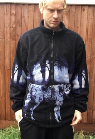 VINTAGE FLEECE WOLF WILDLIFE ANIMAL JACKET QUILTED XL MENS