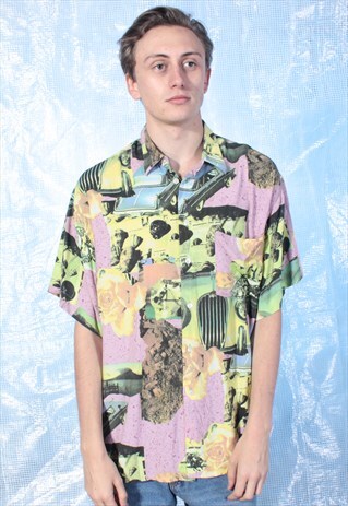 YELLOW, PURPLE AND GREEN PATTERNED PHOTOGRAPHIC SHIRT