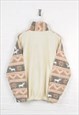 VINTAGE FLEECE 1/4 ZIP RETRO PATTERN CREAM/PINK LADIES LARGE