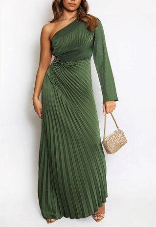 One Shoulder Pleated Maxi Dress In Green