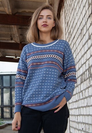 VINTAGE RETRO BLUE OVERSIZED WINTER CHRISTMAS JUMPER