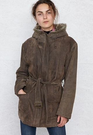 VINTAGE BROWN FAUX FUR LEATHER TRENCH COAT