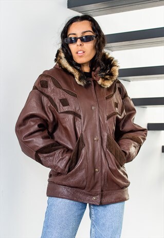 Vintage 90s Patchwork Brown Real Leather Hooded Jacket