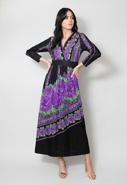 70's Vintage Black Purple Floral Midi Dress