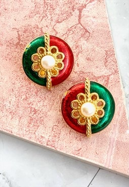80s Red & Green Statement Earrings Vintage Jewellery