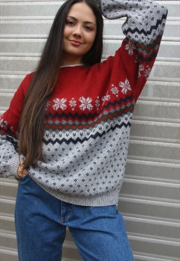 Oversized Fair Isle Jumper in Grey & Red