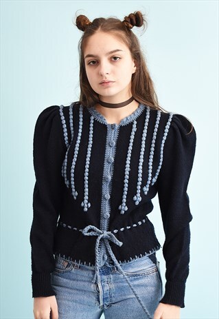 80'S RETRO EMBROIDERED NAVY KNIT CARDI