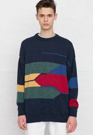 VINTAGE BLUE GREEN RED ANGELO LITRICO ROUND NECK KNIT JUMPER
