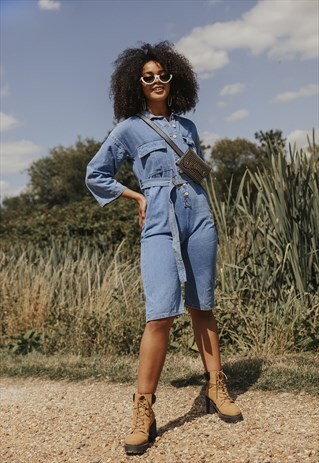 CROPPED DENIM JUMPSUIT WITH BUTTON FRONT AND BELT