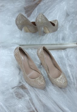 Vintage Y2K High Heel Shine Gold Party Bride Shoes 