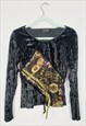 90S RETRO BLACK DECORATED BEADED VELVETEEN GRUNGE TOP