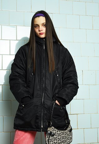 VINTAGE 90S GRUNGE BLACK OVERSIZE FAUX FUR PARKA JACKET COAT