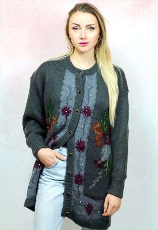 1980S VINTAGE GREY FLORAL KNIT MOHAIR CARDIGAN