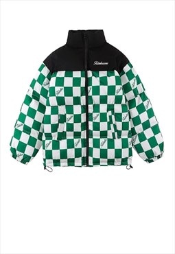 Check bomber chess board print puffer jacket in green