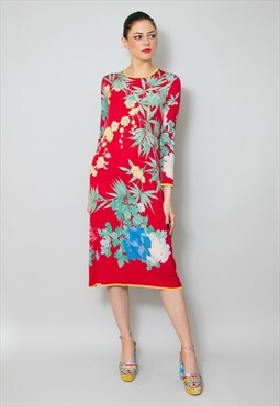 Leonard Vintage 70's Long Sleeve Red Floral Midi Dress