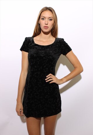 VINTAGE 1990'S 90'S BLACK VELVET GLITTER MINI DRESS S-M
