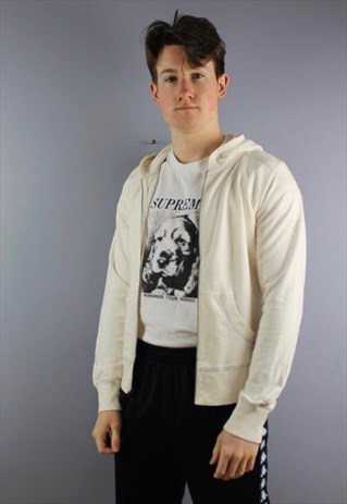 VINTAGE COLUMBIA HOODIE IN OFF WHITE WITH PATCH LOGO. SIZE S
