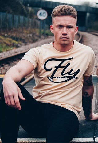 CASUAL FIT SAND T-SHIRT WITH LARGE PRINT ON CHEST