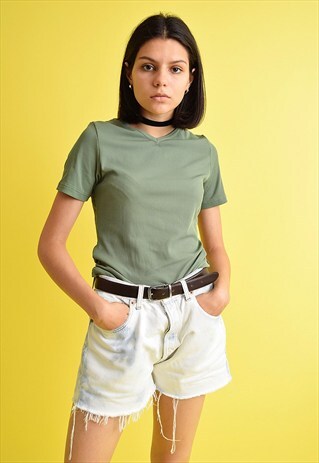 90'S RETRO KHAKI RIBBED LYCRA GRUNGE JERSEY TOP TEE