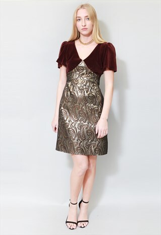 VINTAGE 1960'S BROWN & GOLD VELVET METALLIC MINI DRESS