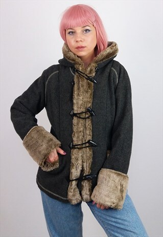 VINTAGE 90'S FAUX FUR GREY WOOL JACKET