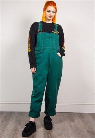 VINTAGE 90'S GREEN DENIM LONG LENGTH DUNGAREES