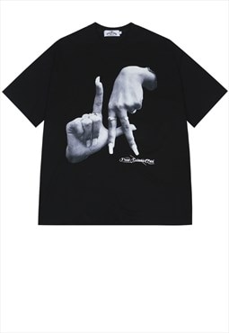 Sign language t-shirt Y2K hand print tee in black