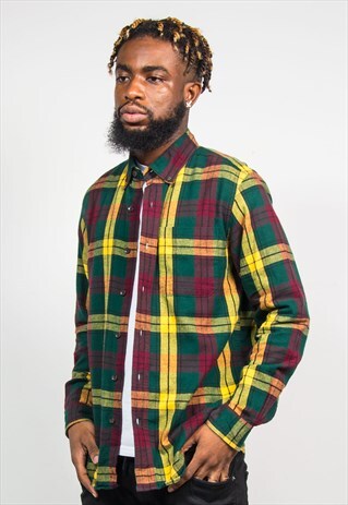 VINTAGE 90'S LL BEAN GREEN YELLOW TARTAN FLANNEL SHIRT