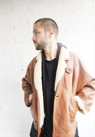 VINTAGE 80'S MENS LEATHER SHEARLING LINED JACKET/COAT