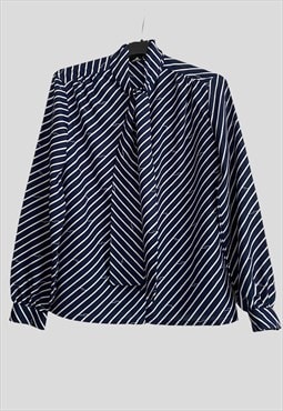 80's Blue White Stripe Pussy Bow Long Sleeve Vintage Blouse