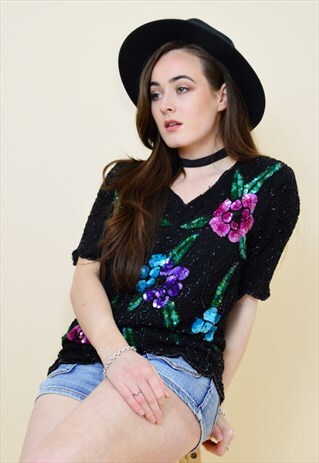 VINTAGE BLACK BEADED SEQUIN SILK PARTY FESTIVAL TOP